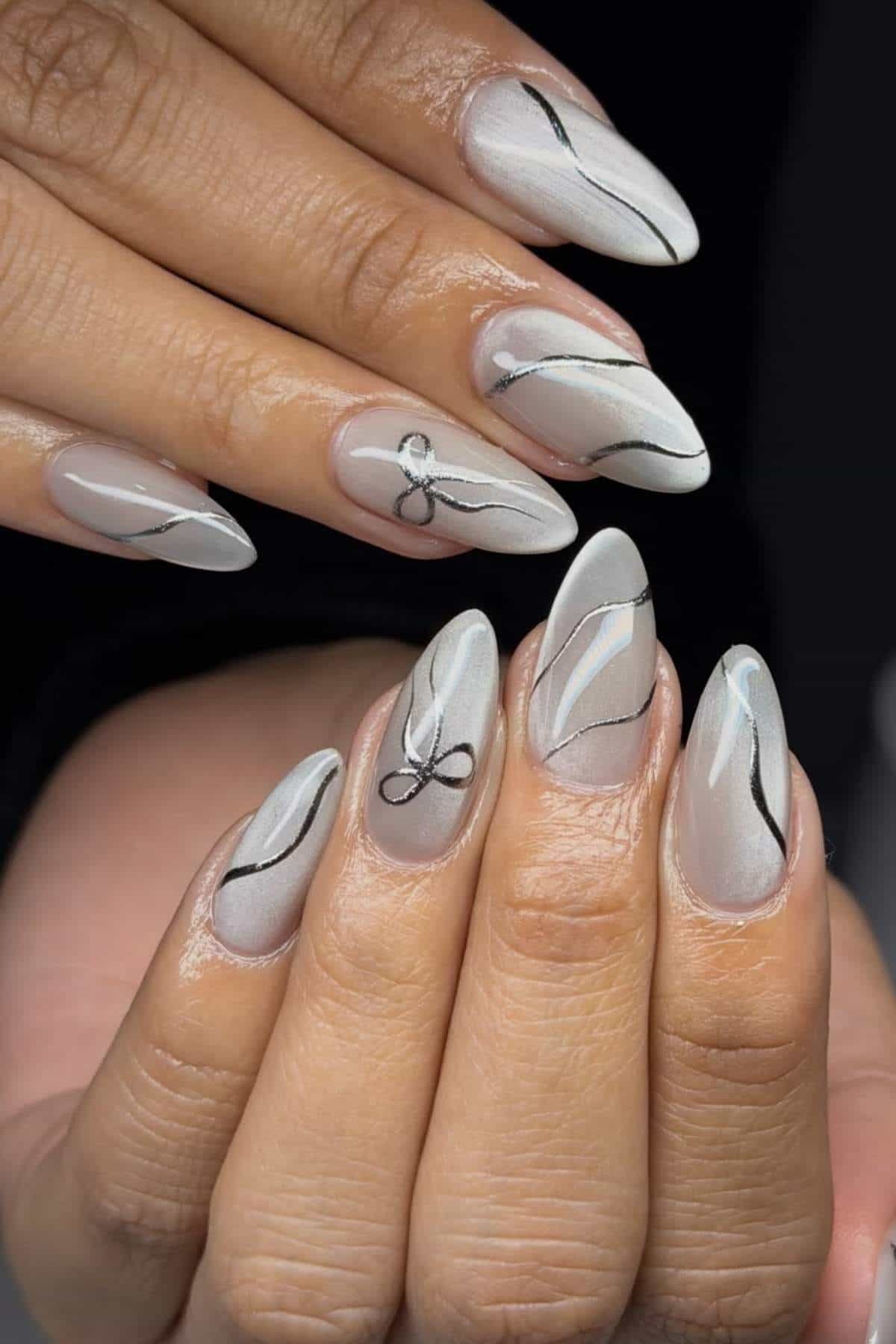 Abstract Black Line Stiletto Nails Abstract Black Line Stiletto Nails — Winter Gray Nails