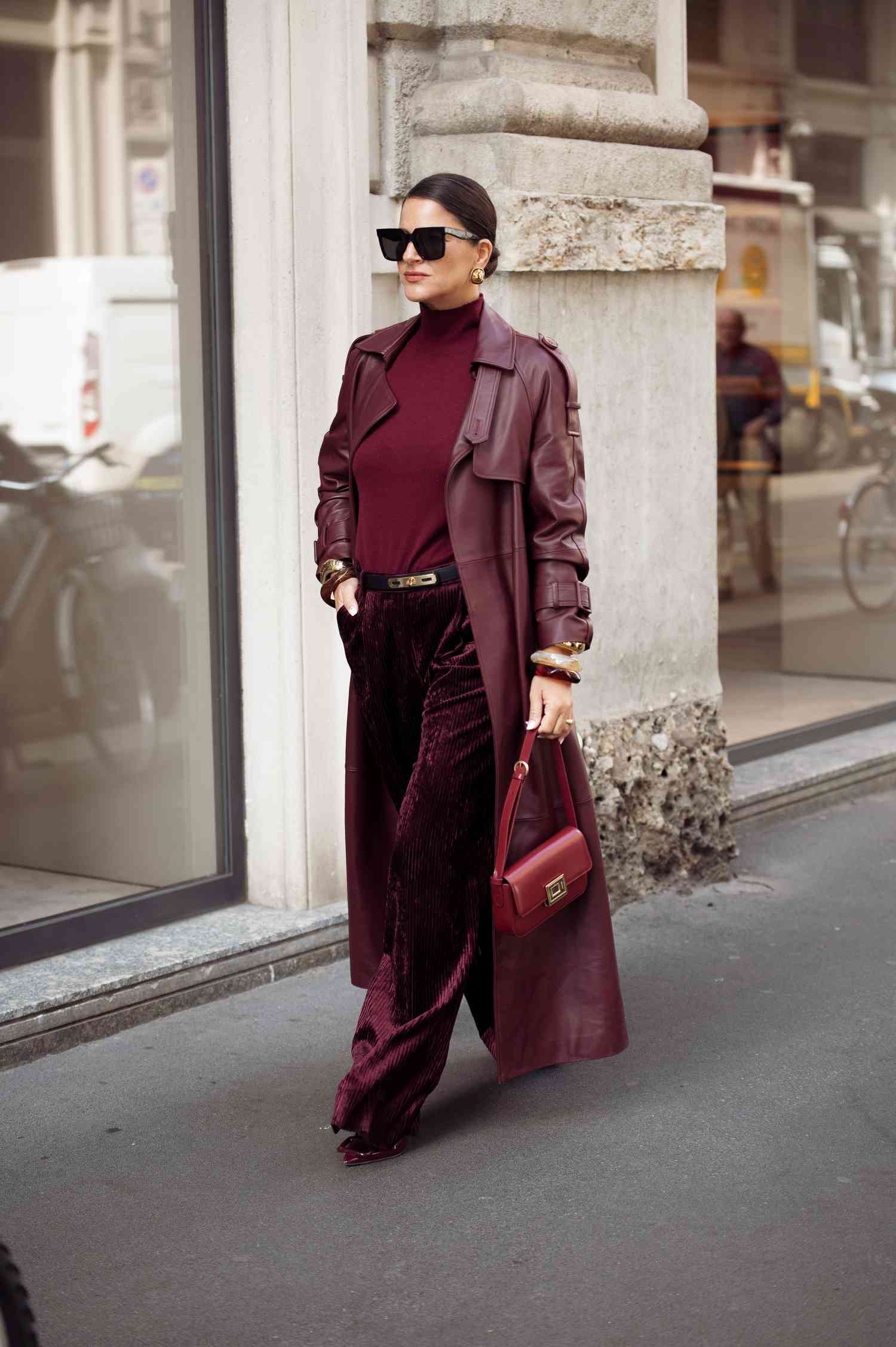Burgundy Leather Long Coat for Smart Casual Daywear — Long Coat Outfits