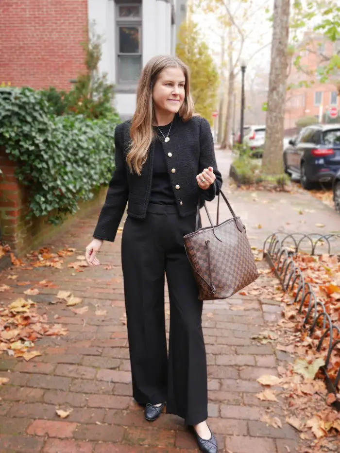 Cropped Tweed Jacket with Gold Buttons for Elegant Workwear — All Black Winter Outfits