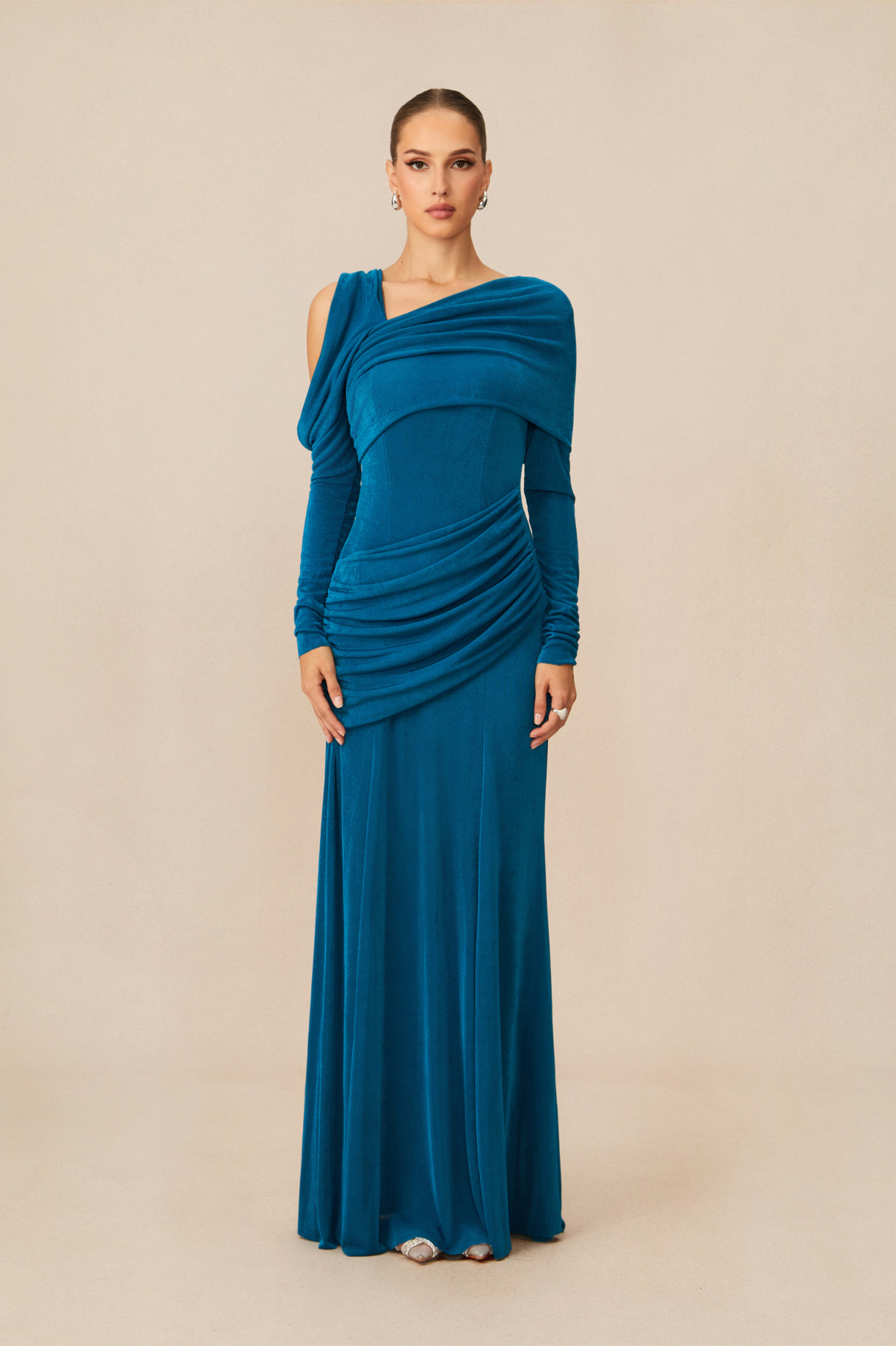 Teal One-Shoulder Draped Formal Dress Teal One-Shoulder Draped Formal Dress — Winter Formal Dresses