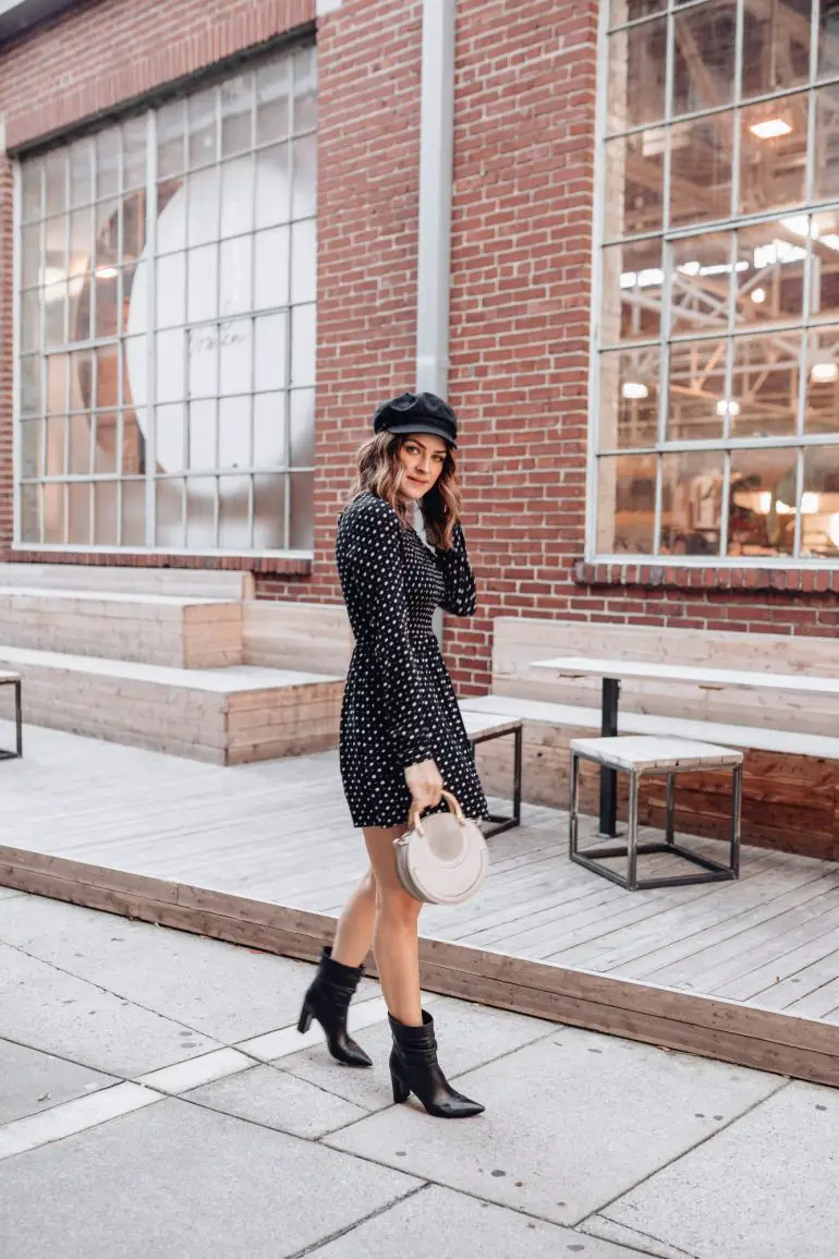 Printed Mini Dress with Newsboy Cap and Ankle Boots Printed Mini Dress with Newsboy Cap and Ankle Boots — Nashville Winter Outfits