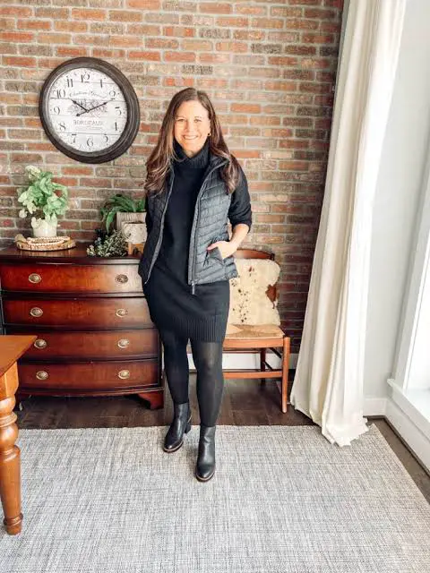 Monochromatic Black Puffer Vest and Dress Monochromatic Black Puffer Vest and Dress — Puffer Vest Outfits