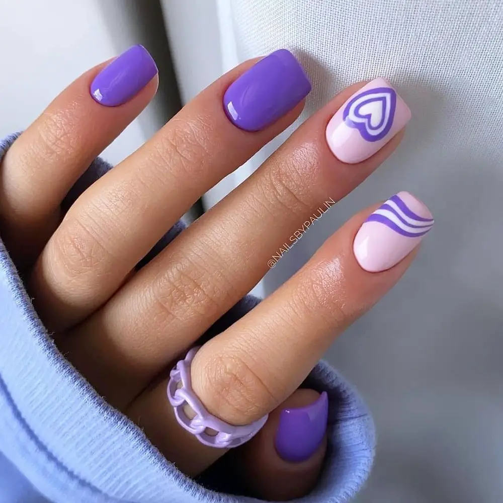Bright Purple with Pink Heart Accents Bright Purple with Pink Heart Accents — Winter Purple Nails