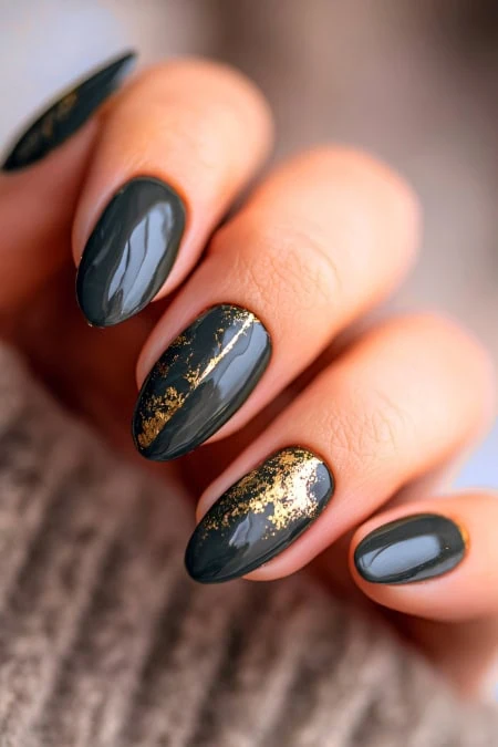 Grey-Green Gold Foil Oval Nails Grey-Green Gold Foil Oval Nails — Classy Winter Nails