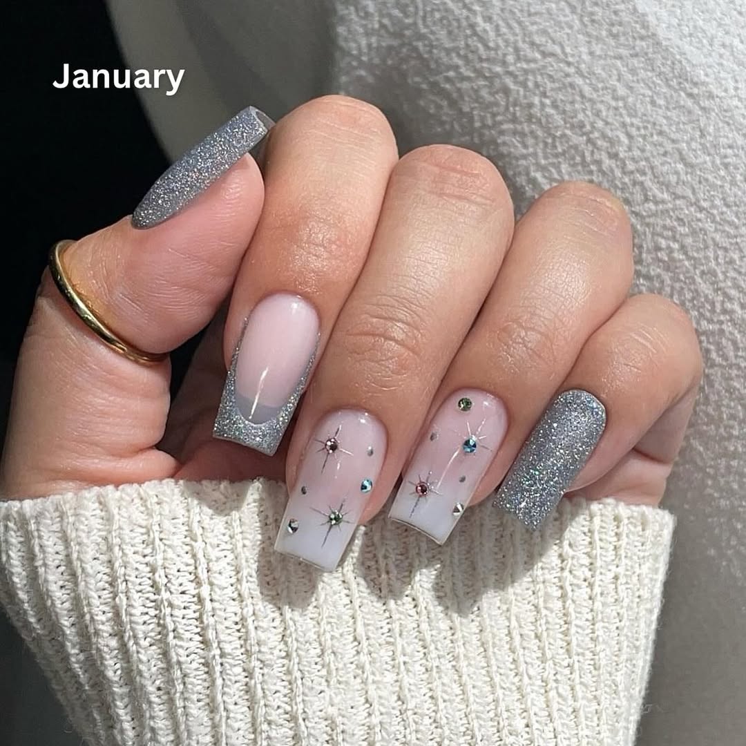 Silver Glitter French Coffin Nails Silver Glitter French Coffin Nails — Winter Coffin Nails