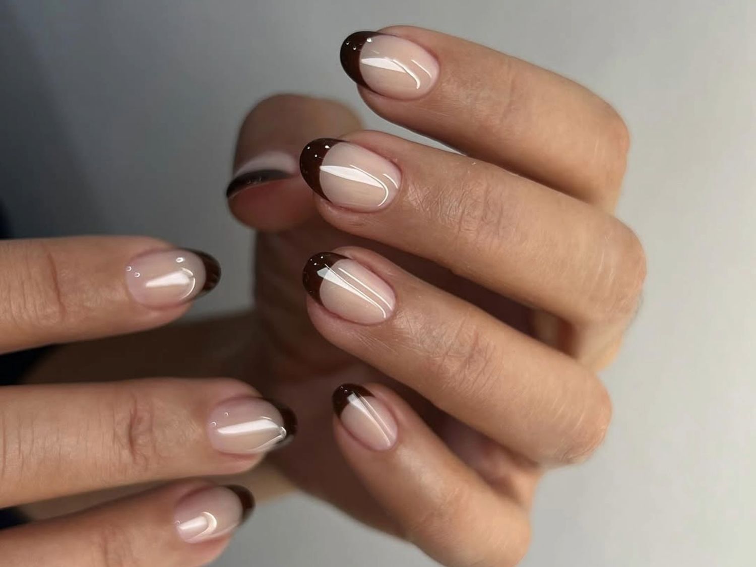 Dark Brown French Tip with White Line — Brown Nail Designs