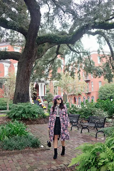 Purple Beret with Floral Coat and Black Skirt — Beret Outfits