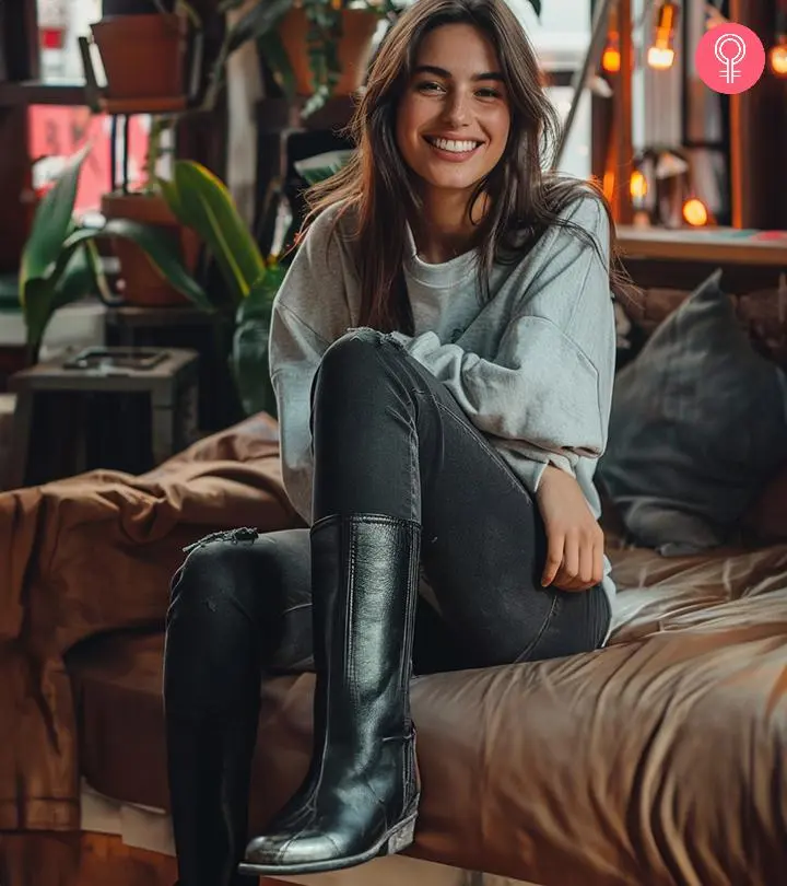 Ripped Jeans and Fleece Sweatshirt with Black Knee-High Boots — Knee High Boots Outfits