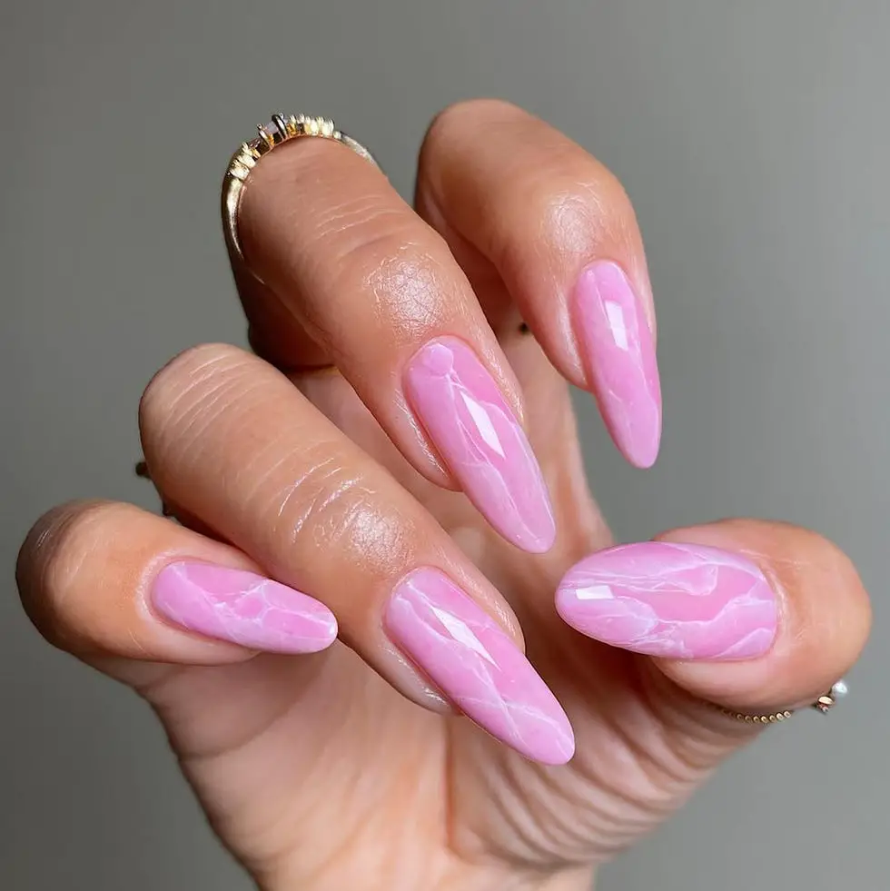 Vibrant Pink White Marble Stilettos — Winter Marble Nails
