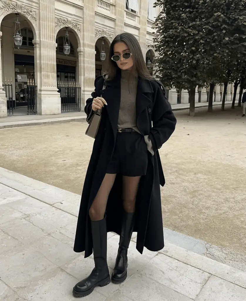 Classic Combination: Black Trench Coat Over Grey Turtleneck Classic Combination: Black Trench Coat Over Grey Turtleneck — Dressy Winter Outfits