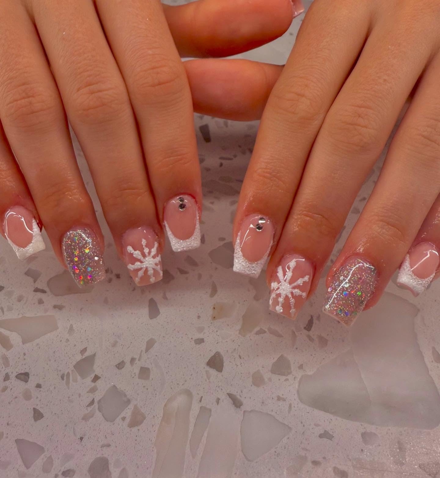 Classic French Snowflake Rhinestone Classic French Snowflake Rhinestone — Winter Squoval Nails