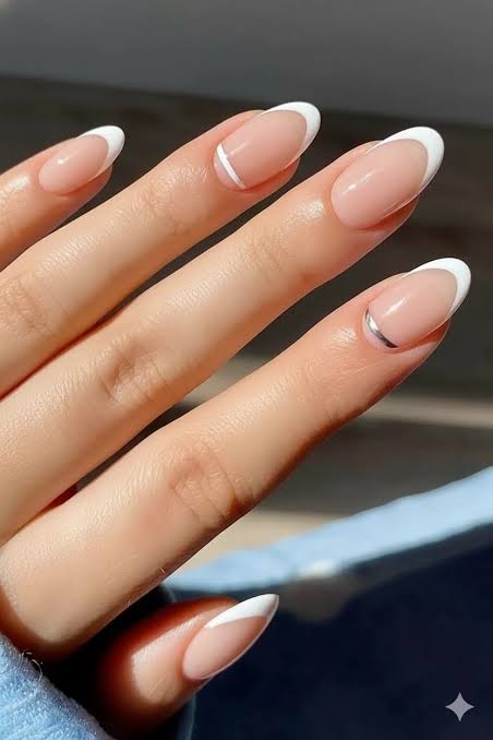 Nude French Silver Line Almonds Nude French Silver Line Almonds — Almond Nail Inspo