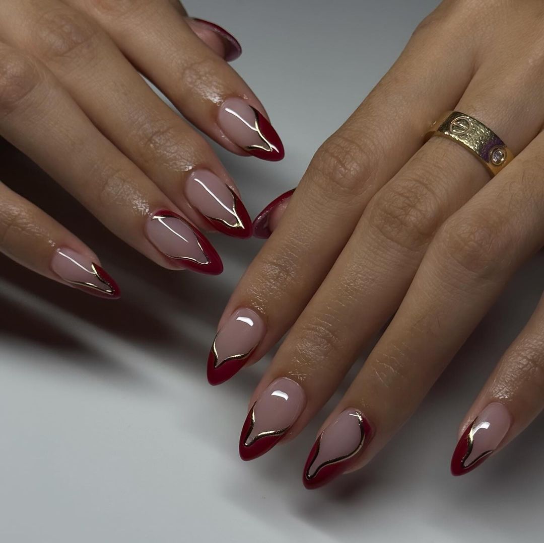 Burgundy French Tips With Abstract Gold Lines — Burgundy Nails