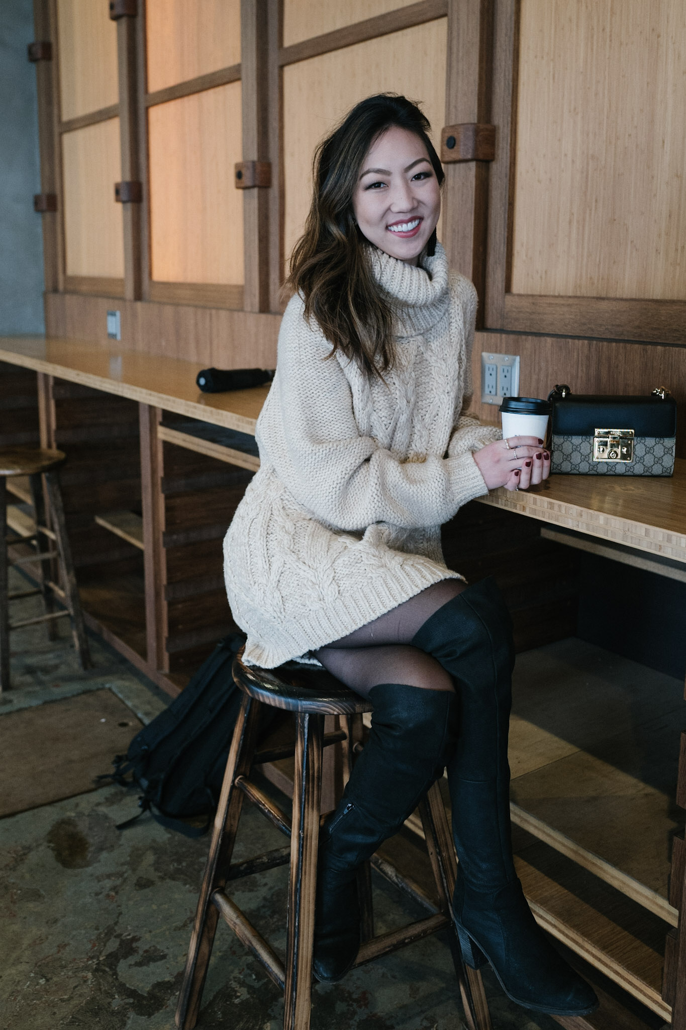 Sheer Black Tights with a Cream Sweater Dress — Tights Outfits