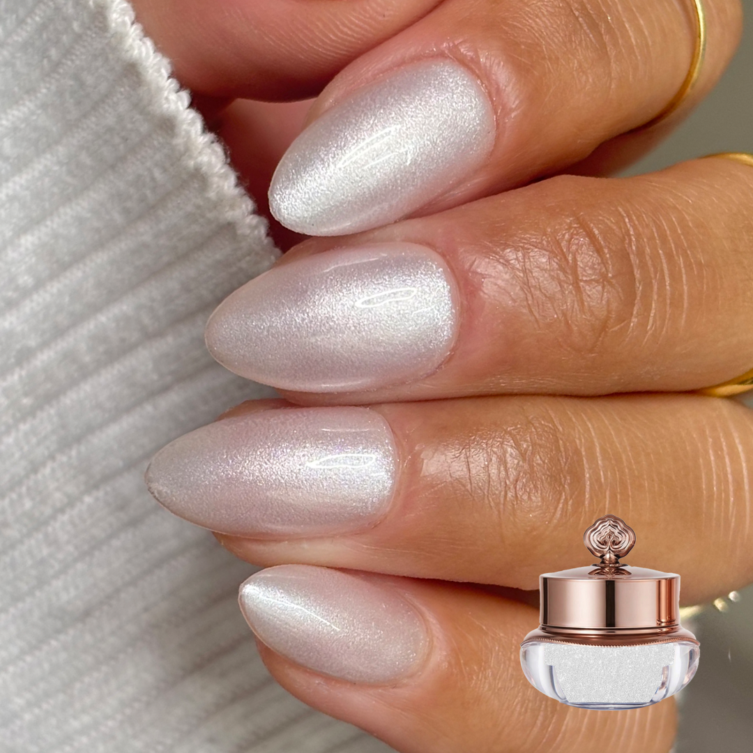Pearlescent White Shimmer Almond Nails — Winter Gel Nails