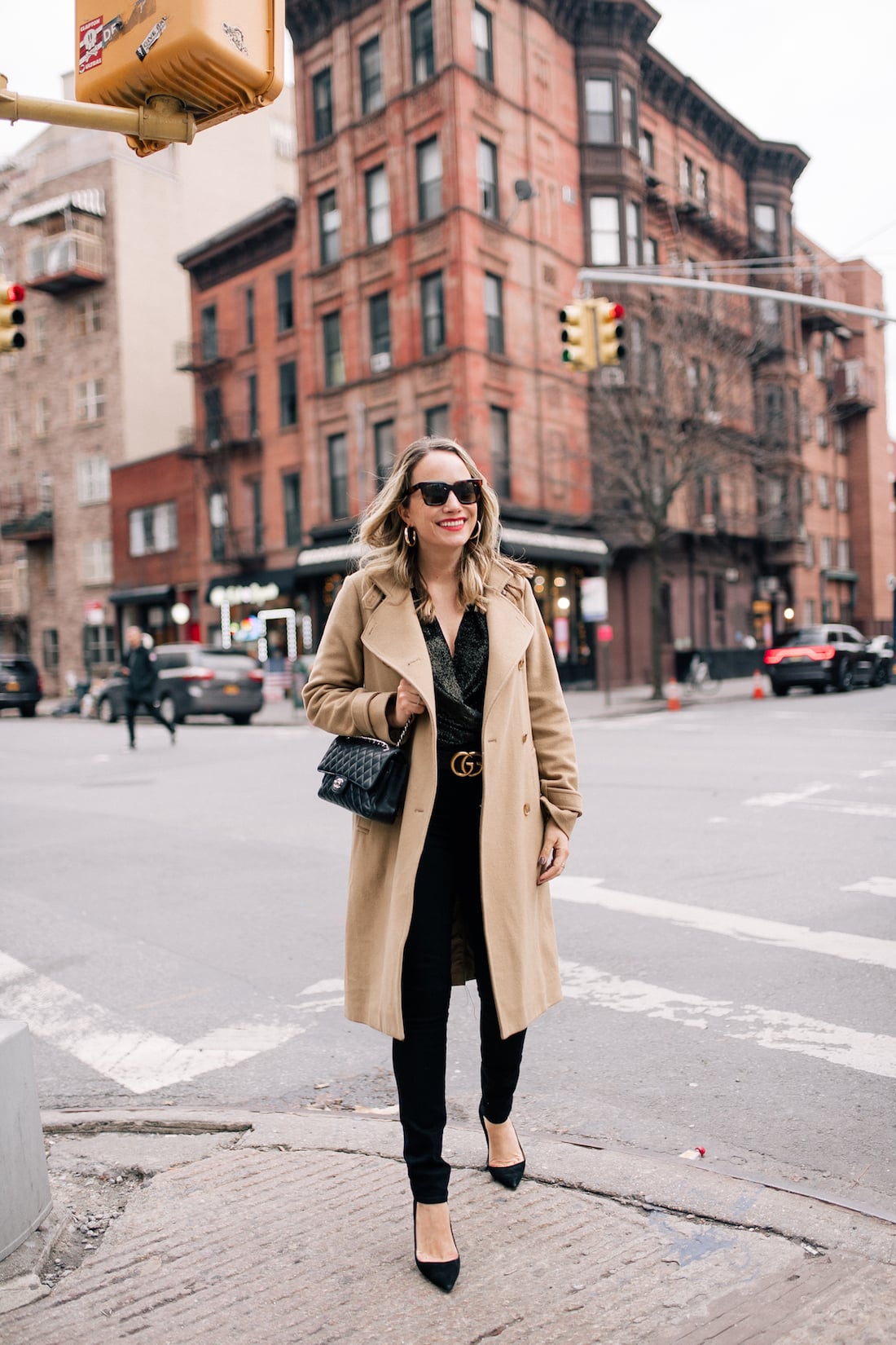 Chic Camel Coat Over a Sparkly Top and Black Pants Chic Camel Coat Over a Sparkly Top and Black Pants — Winter Date Night Outfits