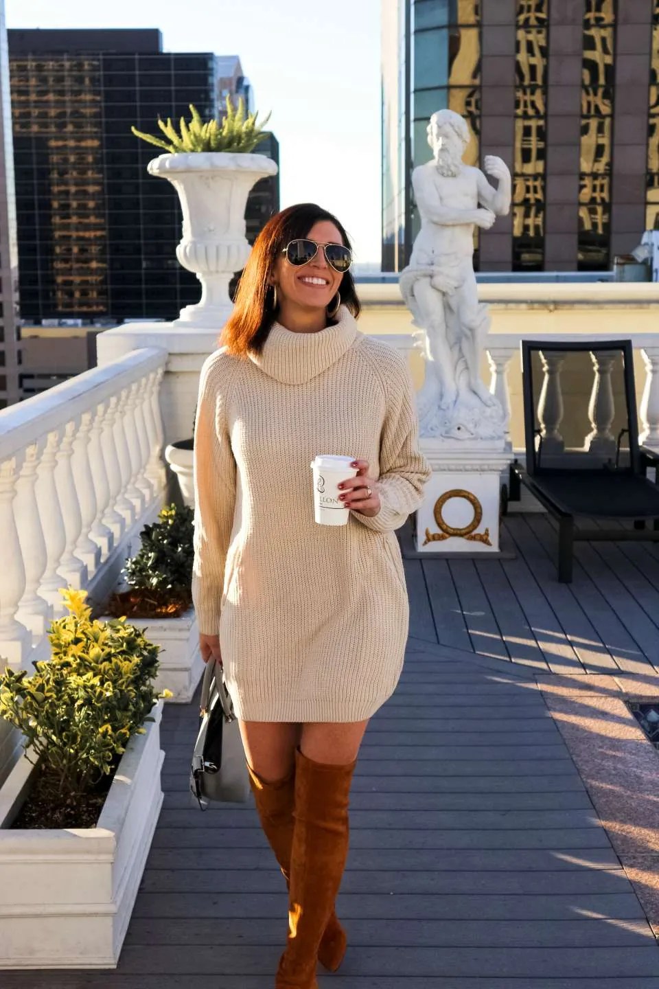 Relaxed Fit Turtleneck Dress with Over-the-Knee Boots Relaxed Fit Turtleneck Dress with Over-the-Knee Boots — Sweater Dress Outfits