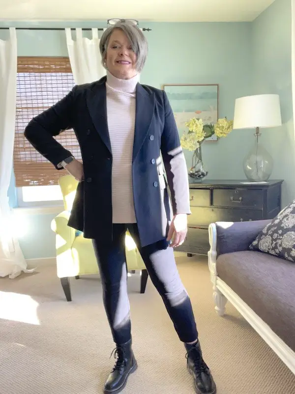Black Lace-Up Boots Pink Turtleneck Paired with Black Blazer and Leggings — Casual Winter Outfits for Women Over 50