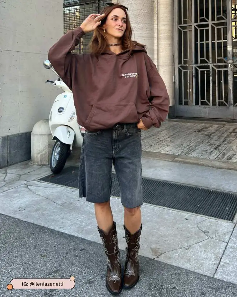 Western Edge: Brown Graphic Hoodie with Denim Shorts Western Edge: Brown Graphic Hoodie with Denim Shorts — Hoodie Outfits