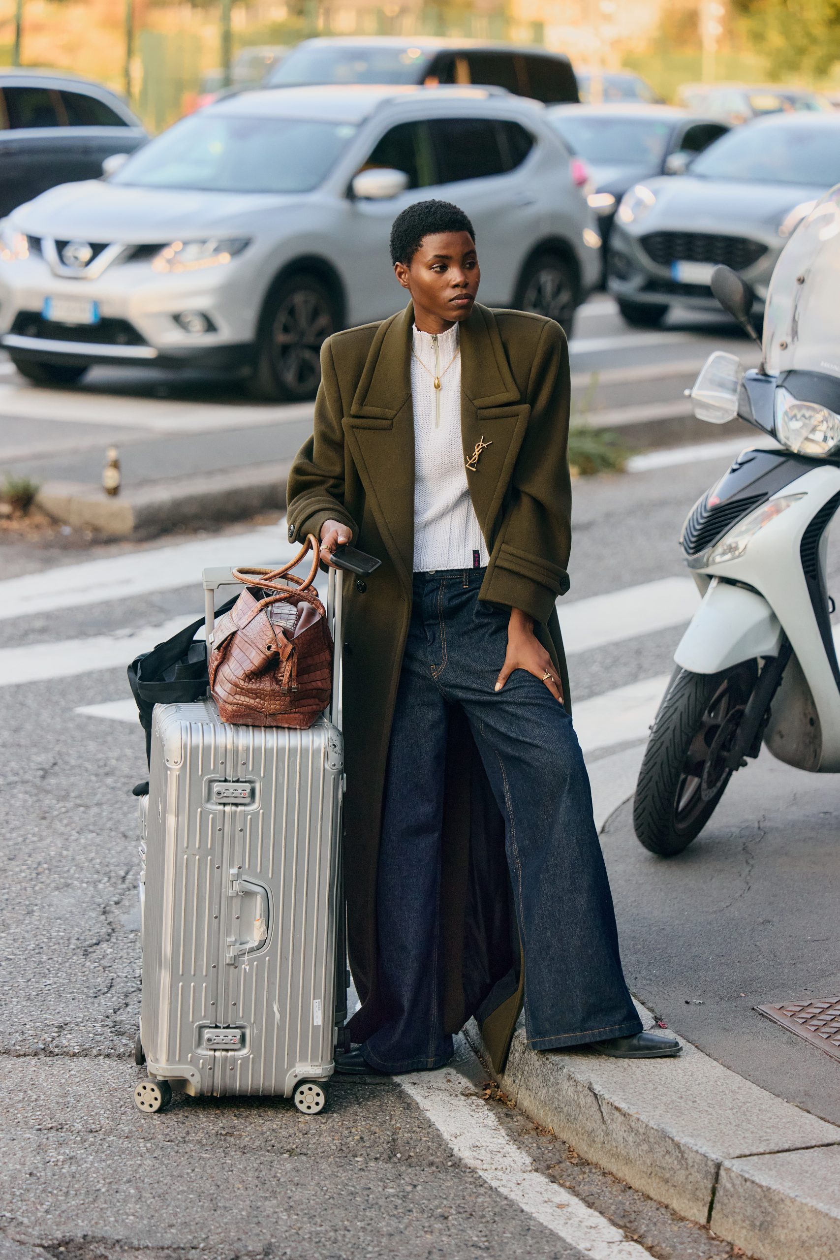 Structured Olive Coat with Wide-Leg Denim — Italy Winter Outfits