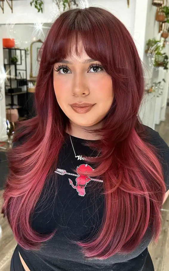 Deep Red With Vibrant Pink Highlights Deep Red With Vibrant Pink Highlights — Winter Hair Colors for Redheads