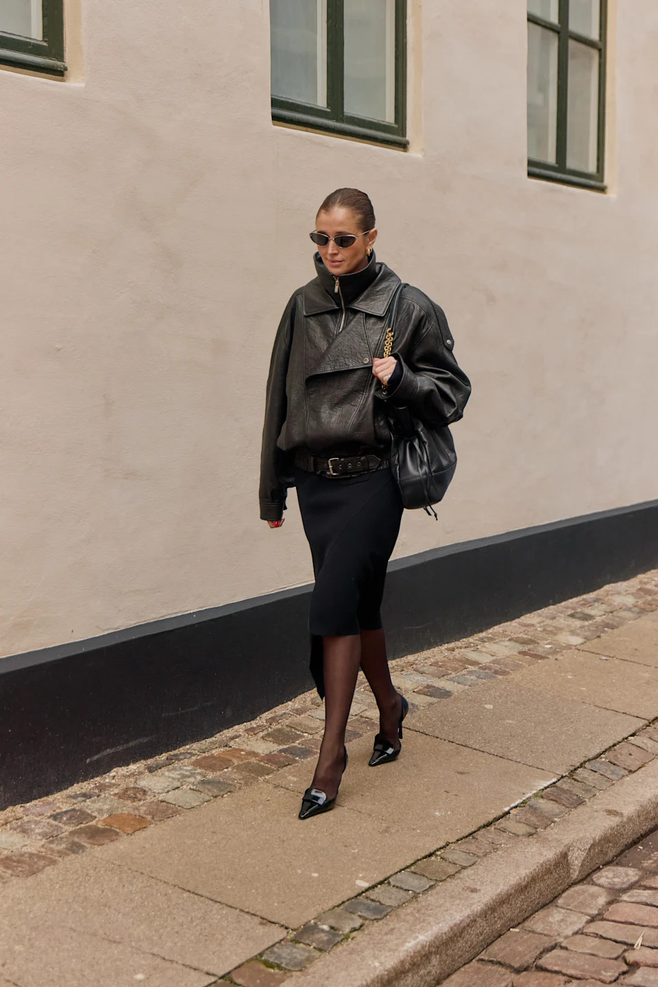 Black Leather Jacket with Midi Skirt and Belt — Scandinavian Winter Outfits