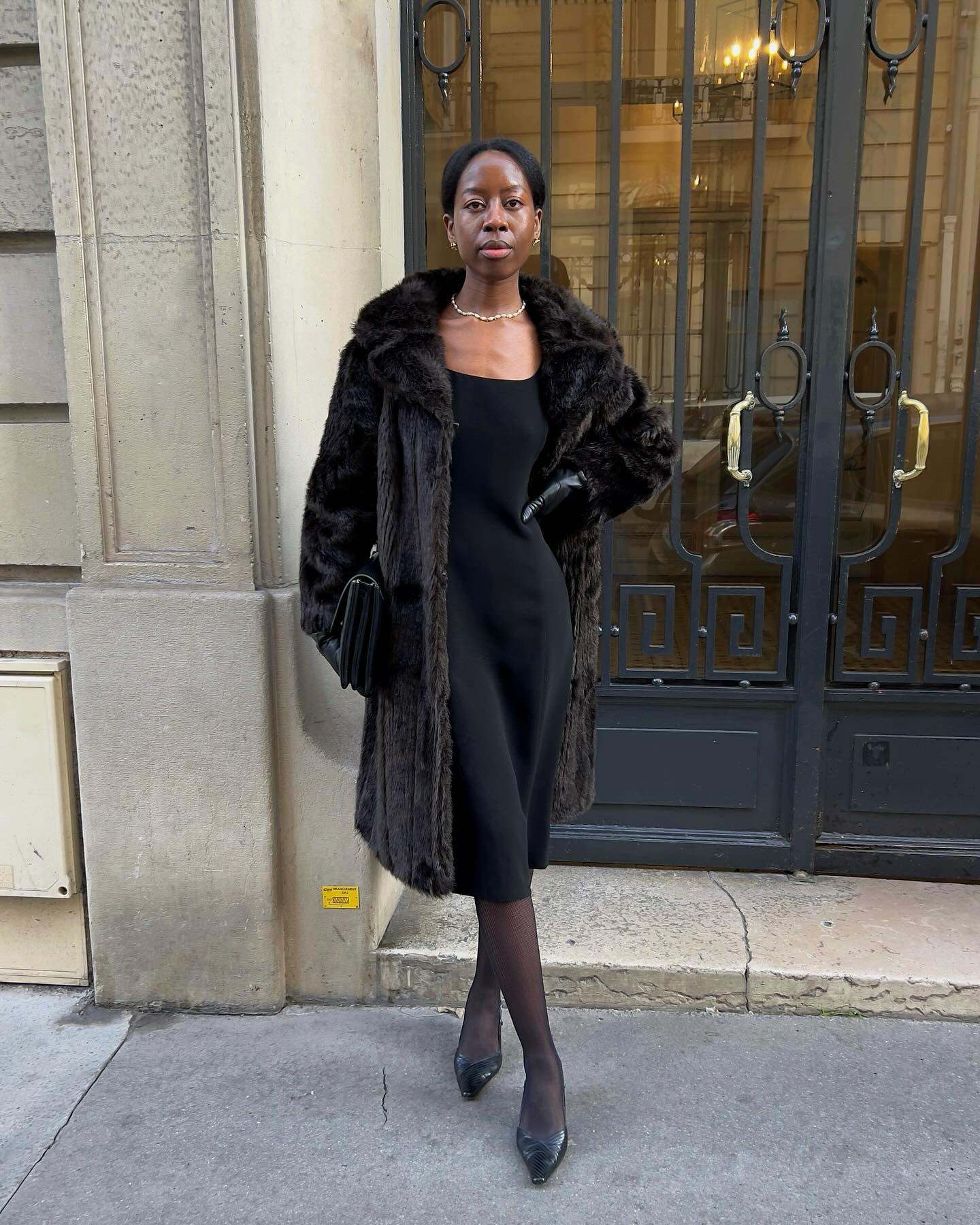 Elegant Black Faux Fur Coat Over Slip Dress — Classy Winter Outfits