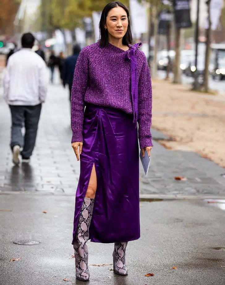 Vibrant Purple Knit Sweater With a Silk Draped Skirt — Colorful Winter Outfits