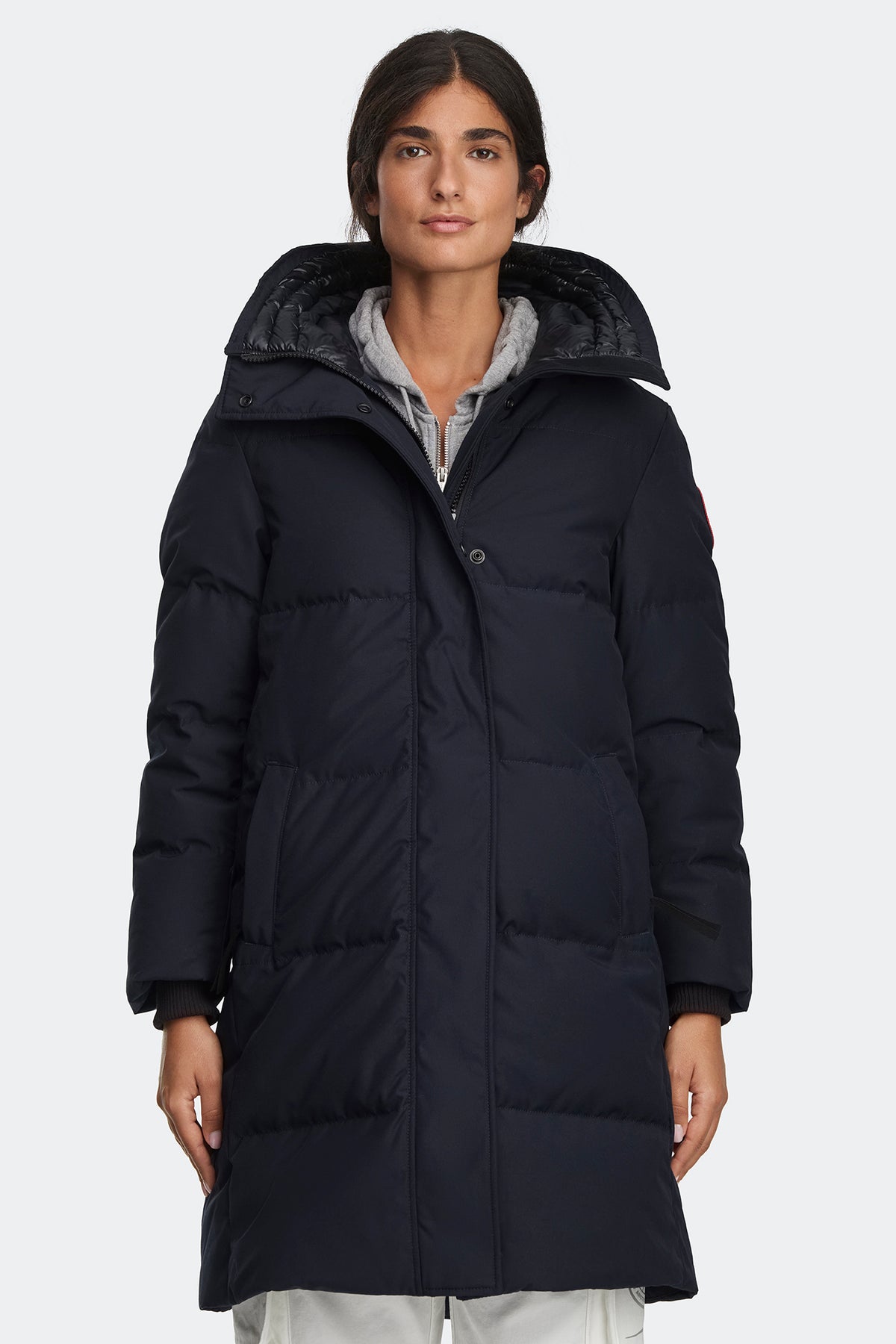 Navy Longline Puffer Coat with High Collar and Hoodie Layer Navy Longline Puffer Coat with High Collar and Hoodie Layer — Winter Coats for Women