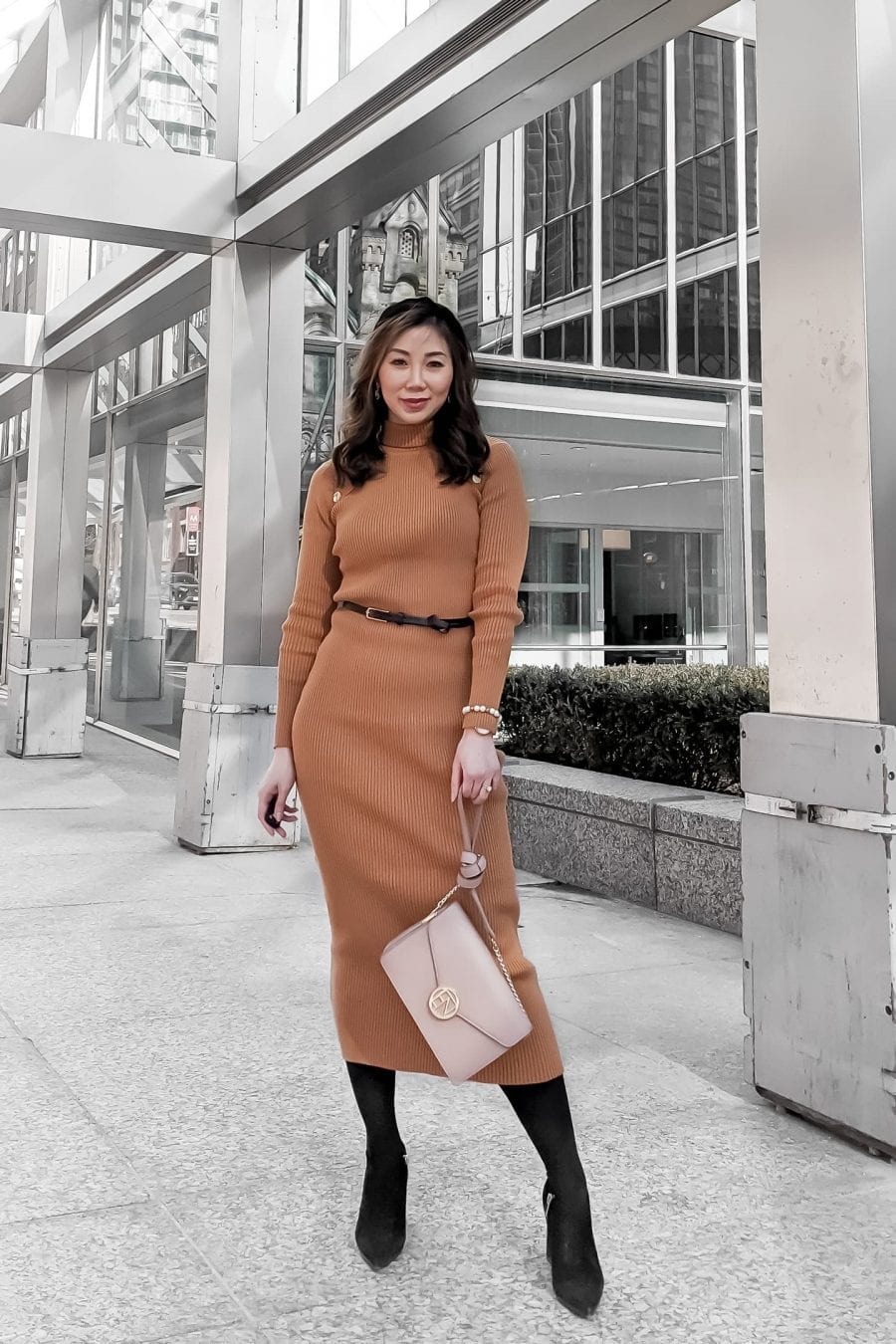 Camel Ribbed Knit Maxi Dress with Belt and Clutch Camel Ribbed Knit Maxi Dress with Belt and Clutch — Winter Dress Outfits