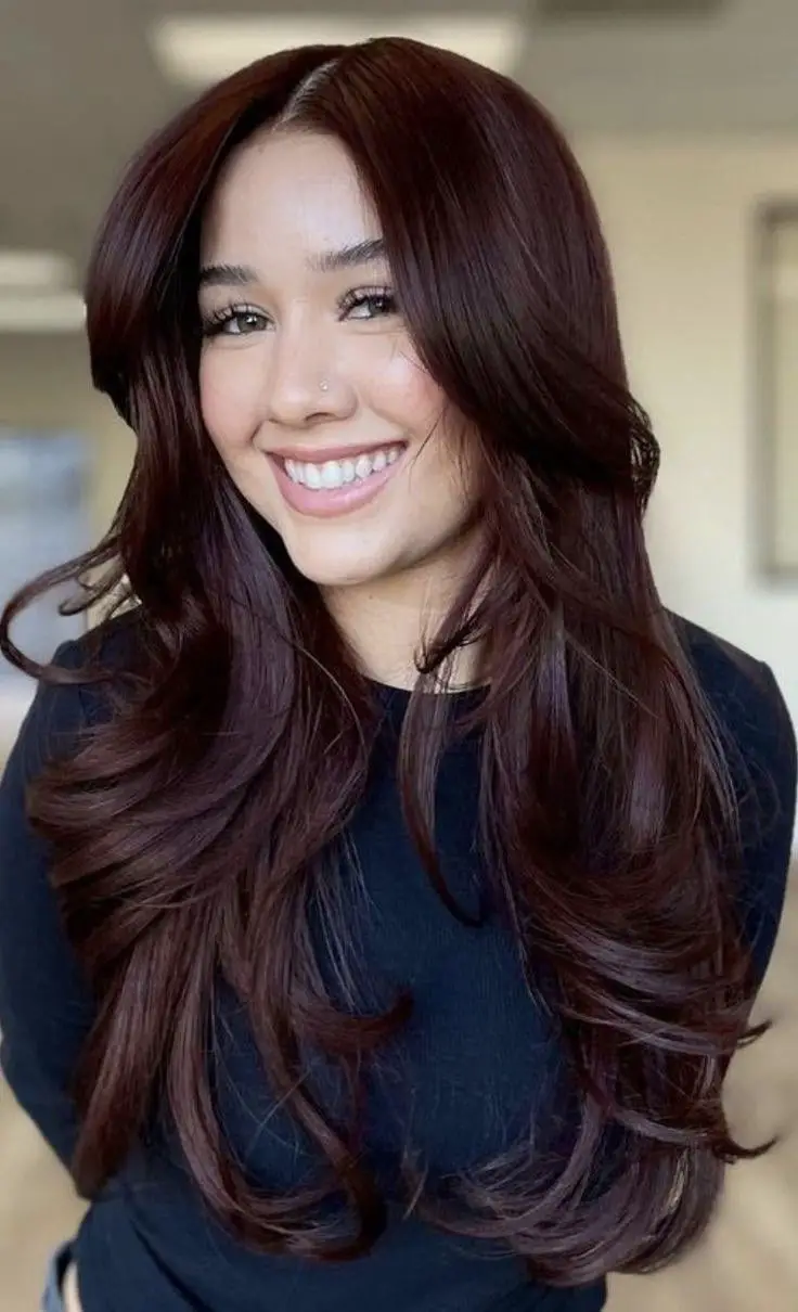 Deep Brown with Auburn Undertones and Side Bangs Deep Brown with Auburn Undertones and Side Bangs — Winter Brown Hair Colors