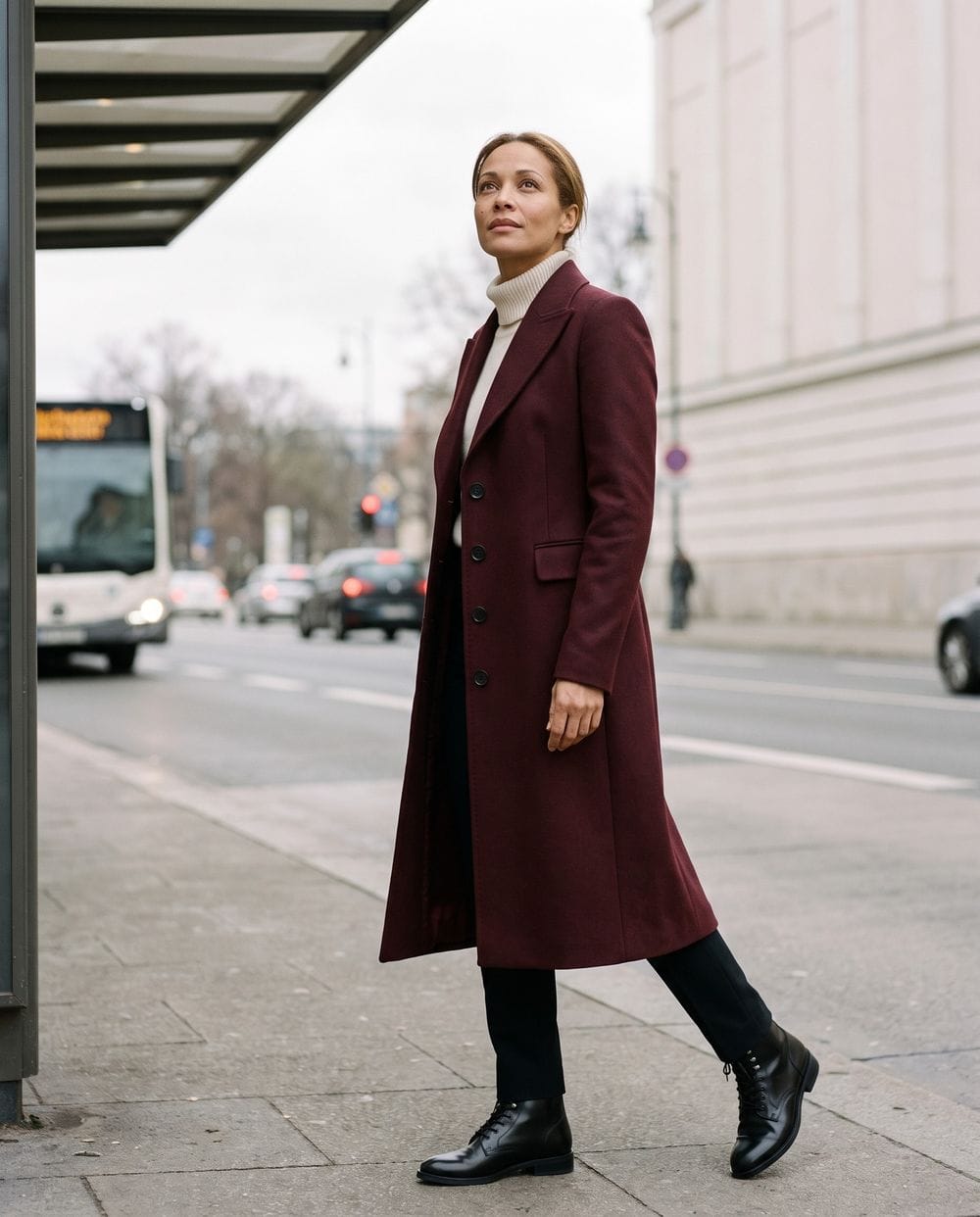Sophisticated Look with Burgundy Coat and Black Leather Boots Sophisticated Look with Burgundy Coat and Black Leather Boots — Ankle Boots Outfits