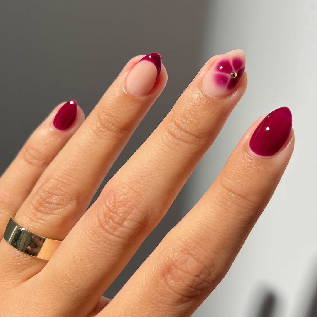 Berry Red Abstract Floral Almonds Berry Red Abstract Floral Almonds — Short Winter Almond Nails