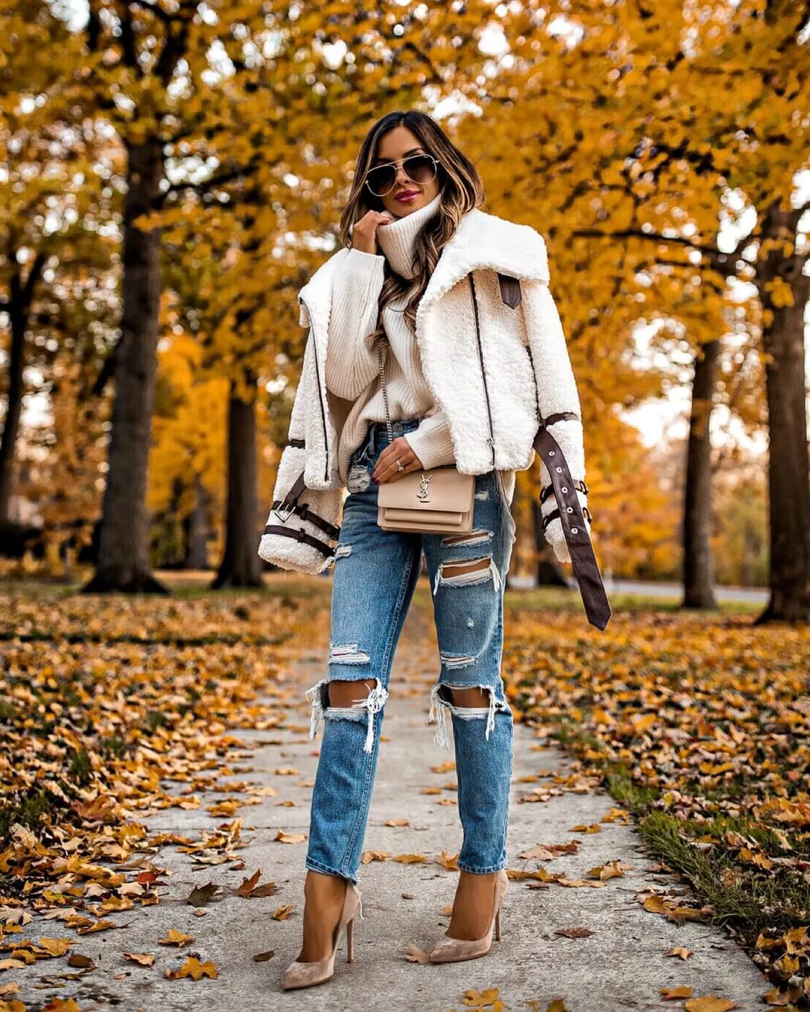 Cream Shearling Aviator Jacket with Distressed Denim — Shearling Coat Outfits