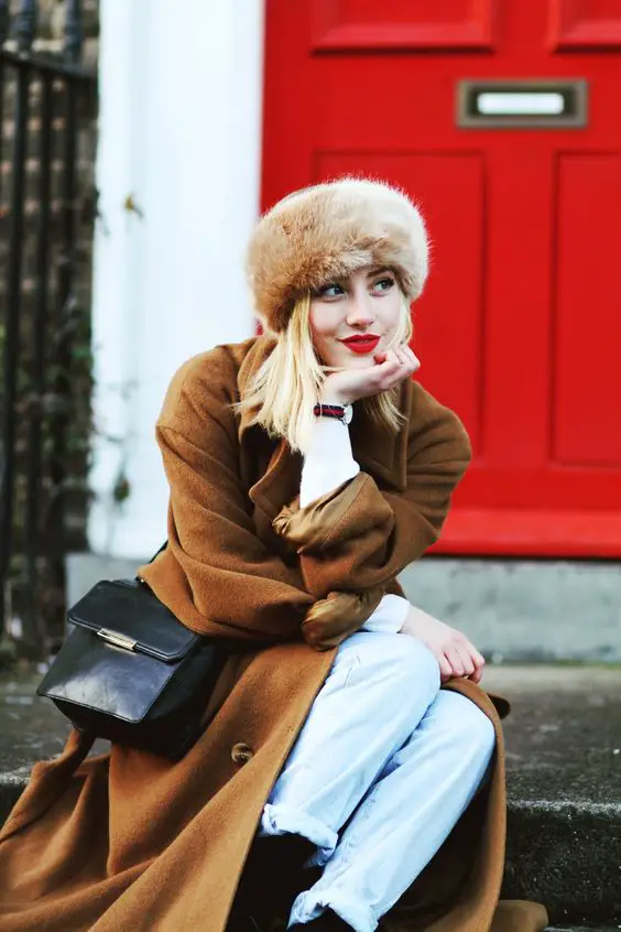 Cozy Ensemble: Fluffy Fur Hat with Wool Coat and Jeans Cozy Ensemble: Fluffy Fur Hat with Wool Coat and Jeans — Fur Hat Outfits