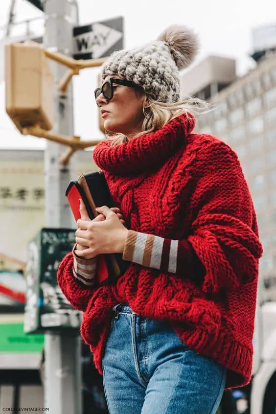 Bold Red Sweater with Striped Shirt and Grey Beanie Bold Red Sweater with Striped Shirt and Grey Beanie — Winter Layering Outfits