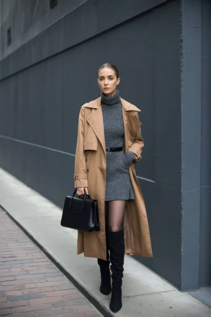 Trench Coat Over Mini Dress: A Chic Winter Transition — Winter Going Out Outfits