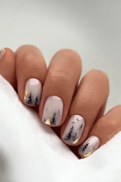 Sheer Pink Winter Forest Landscape Sheer Pink Winter Forest Landscape — Short Winter Gel Nails