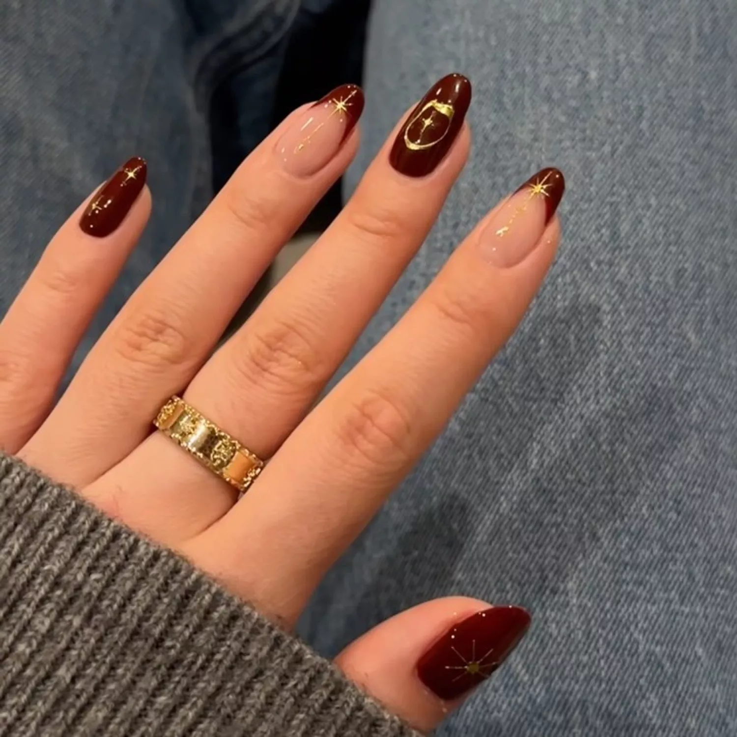 Burgundy French Tips With Celestial Accents — Burgundy Nails