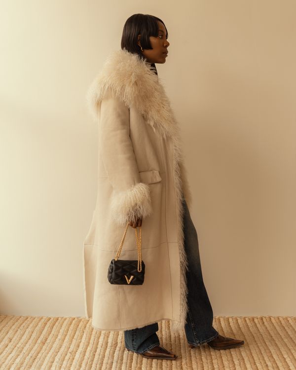Longline Cream Shearling Coat with Fluffy Trim — Shearling Coat Outfits