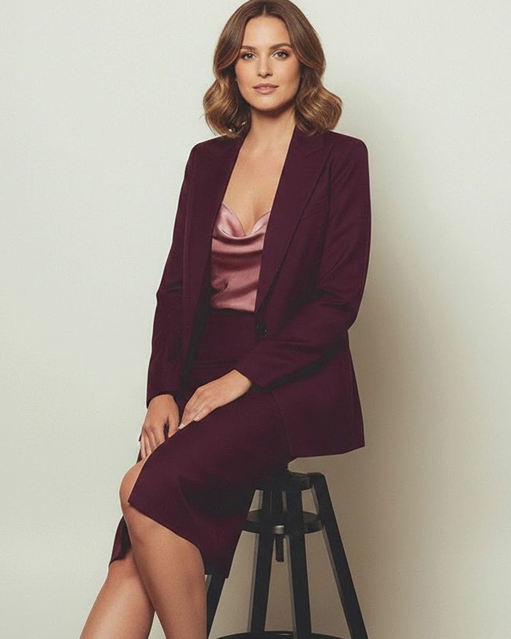 Sharp Burgundy Suit with Pink Satin Camisole for Formal Occasions Sharp Burgundy Suit with Pink Satin Camisole for Formal Occasions — Burgundy Outfits