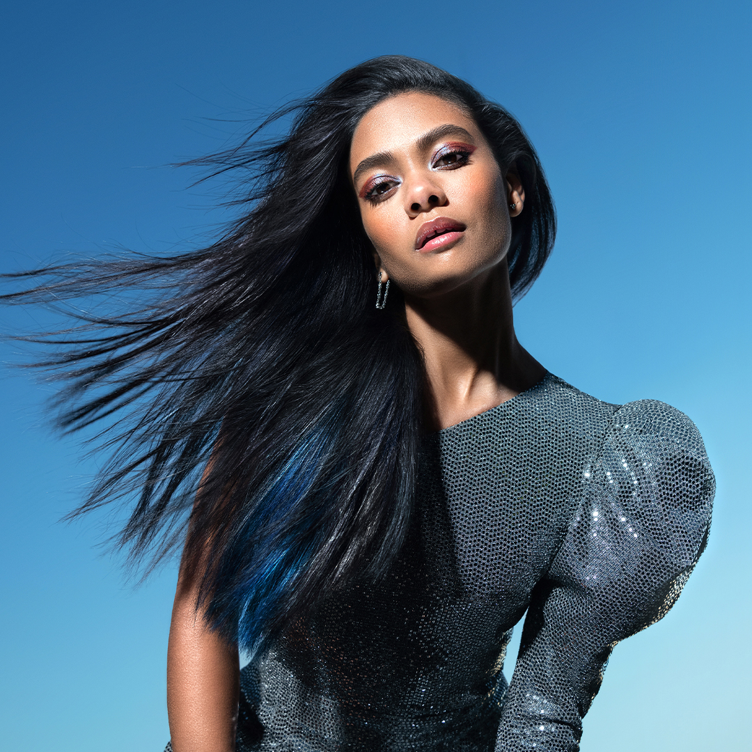 Front View Mid-Back Black With Blue Highlights Front View Mid-Back Black With Blue Highlights — Blue Black Hair