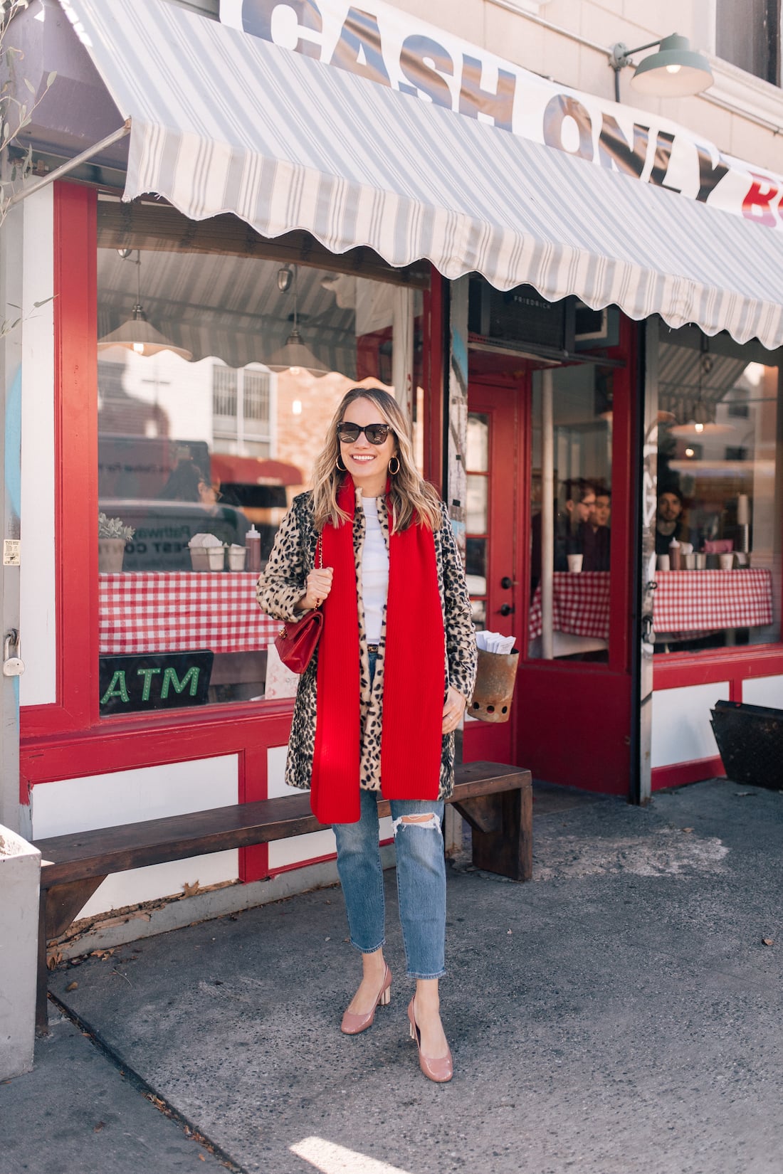 Leopard Coat with Red Scarf and Pink Heels Leopard Coat with Red Scarf and Pink Heels — Leopard Coat Outfits