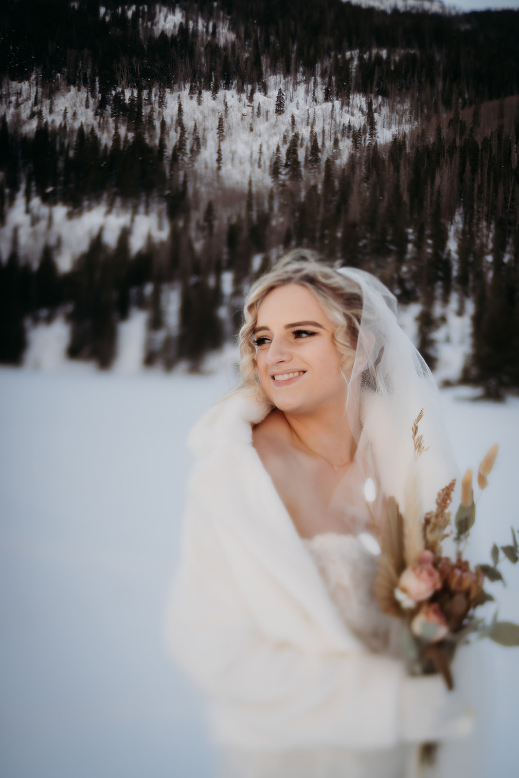 Bridal Elegance with Faux Fur Shawl for a Winter Wedding Shoot — Winter Photoshoot Outfits