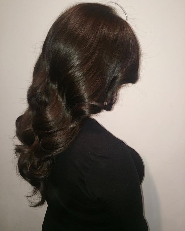 Mid-Back Curled Voluminous Side Part — Dark Chocolate Brown Hair