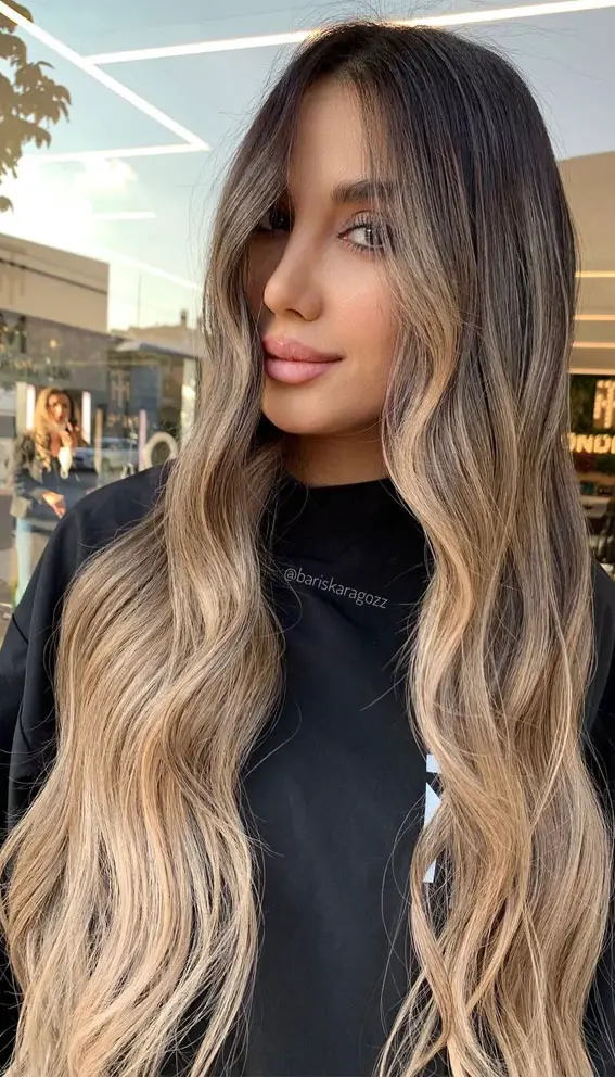 Dark Brown to Ash Blonde with Curtain Bangs Dark Brown to Ash Blonde with Curtain Bangs — Winter Ombre Hair