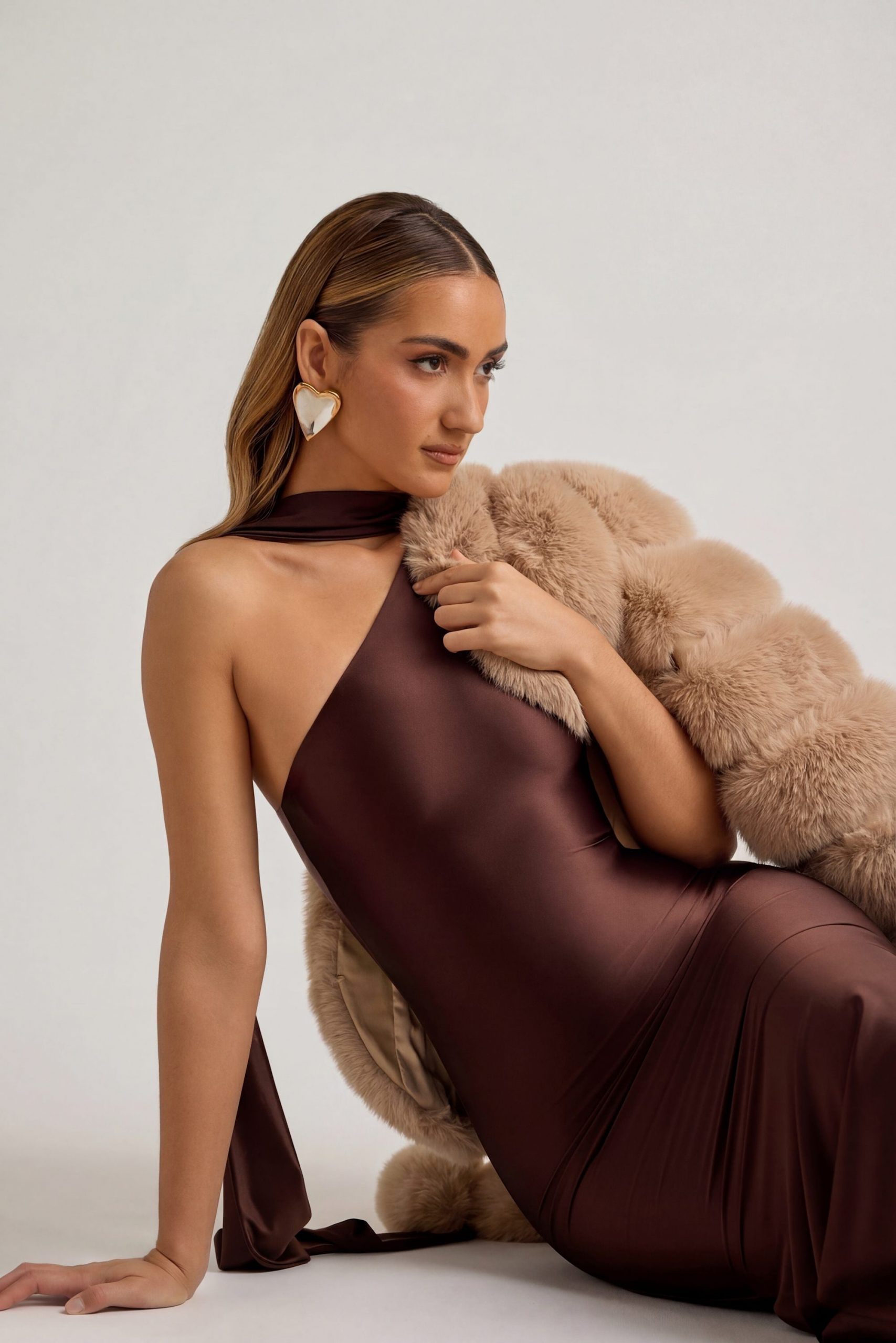 Chocolate Brown Satin Dress with Faux Fur Stole — Chocolate Brown Outfits