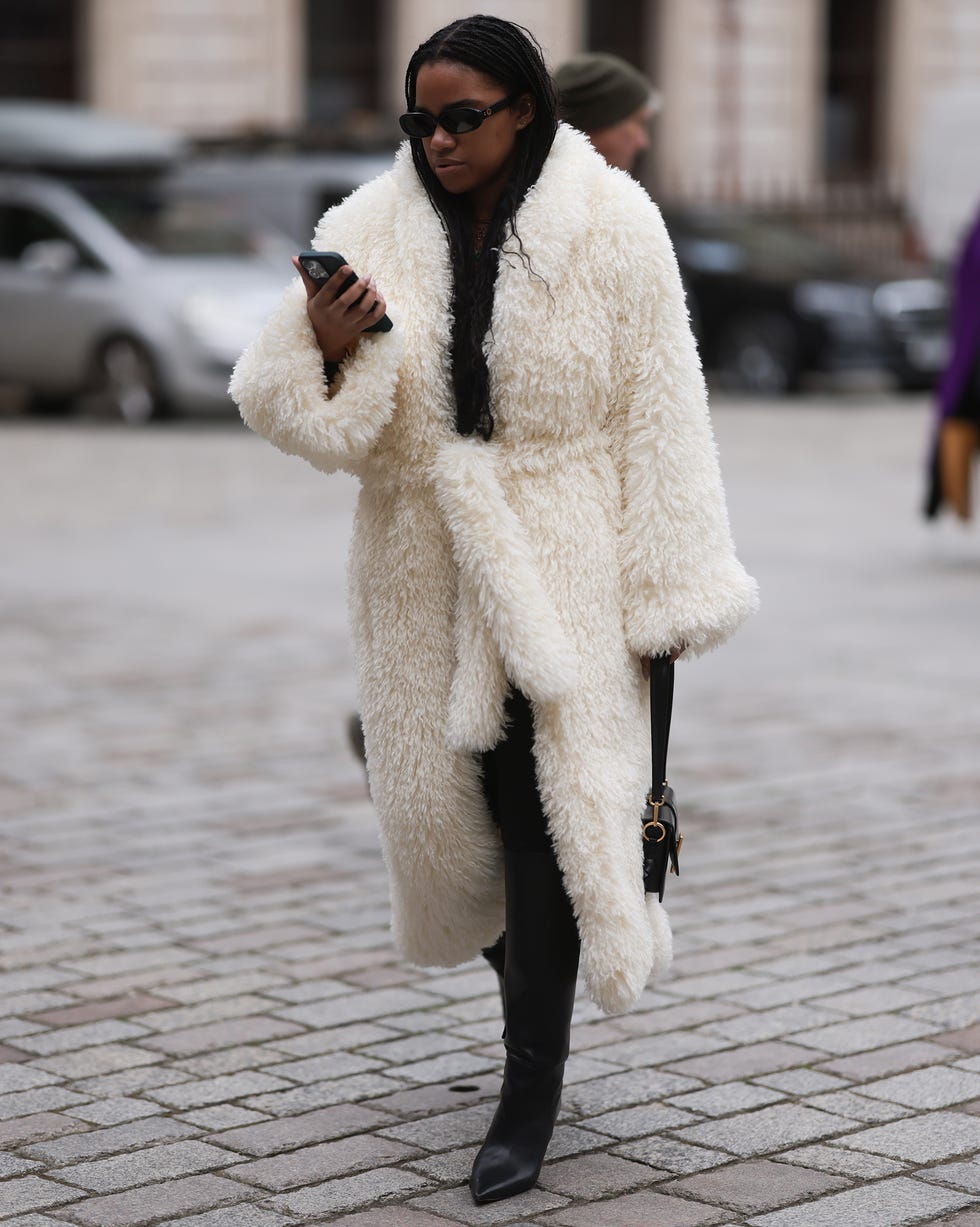 Oversized Cream Faux Fur Coat with Fitted Black Trousers — Winter White Outfits