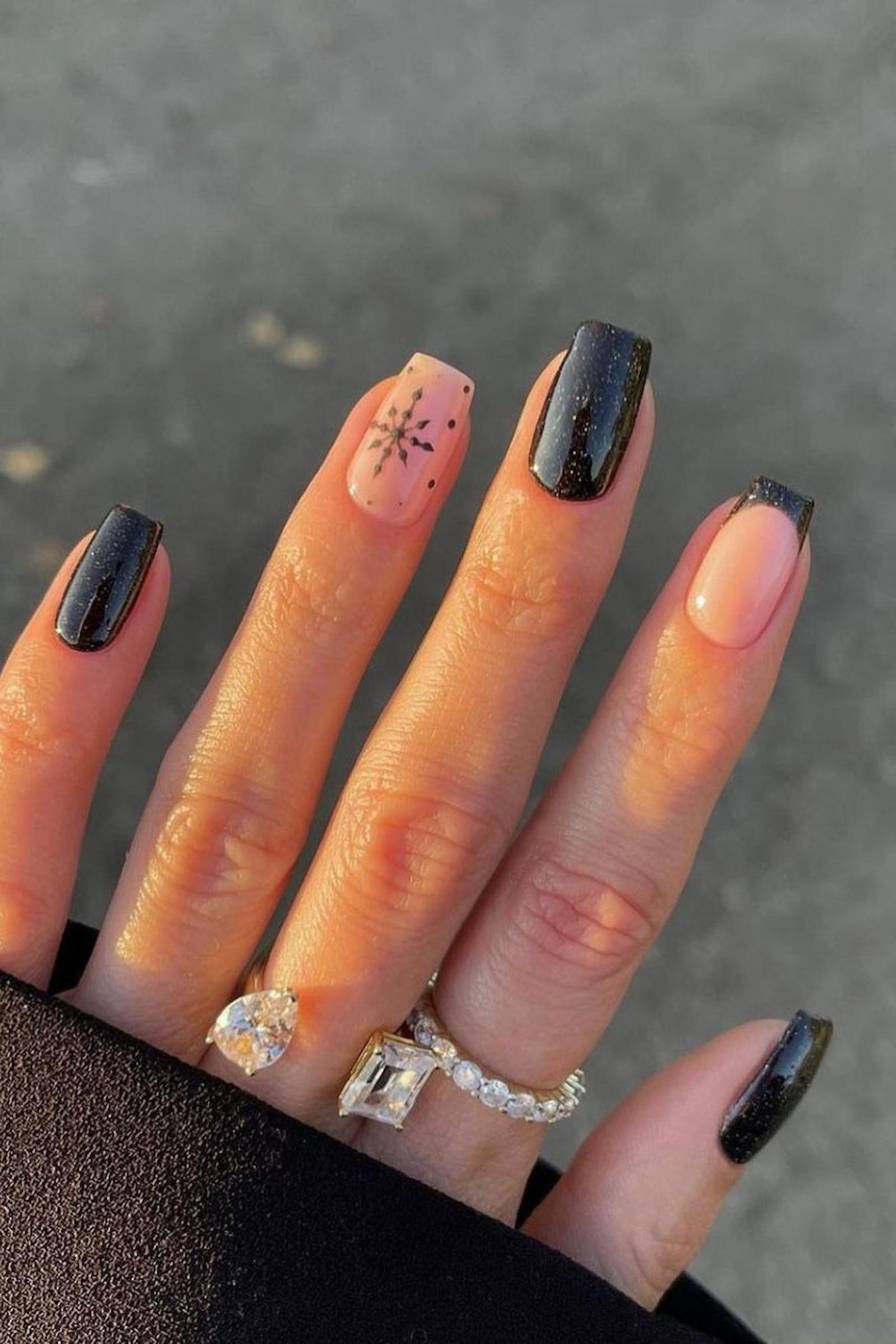 Black Glitter Sheer Pink French Snowflake Nails Black Glitter Sheer Pink French Snowflake Nails — Classy Winter Nails