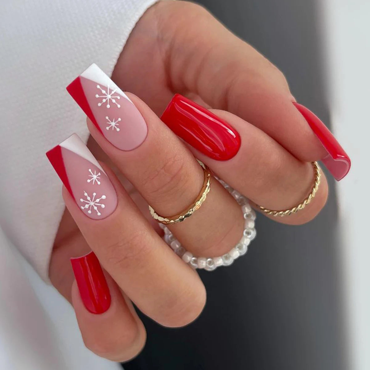 Glossy Red French Tip Snowflake Coffin Nails Glossy Red French Tip Snowflake Coffin Nails — Snowflake Nails